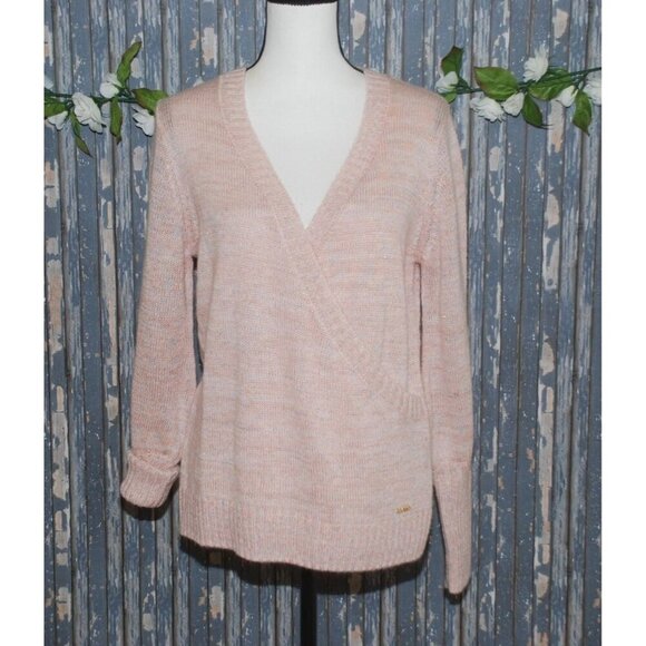Kensie Nordstrom Faux Wrap Size M Pink Metallic Sparkle Sweater V-Neck Thin Knit - Picture 1 of 12